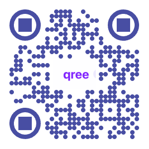 QR code with round dot modules and qree logo in center - error correction level H preserves scannability despite the logo overlay